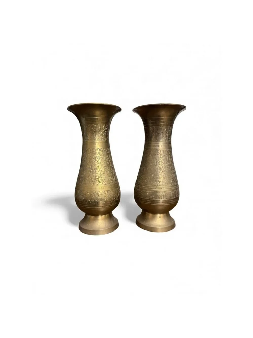 Vintage hand engraved brass bud vase pair floral etched 7 inch décor